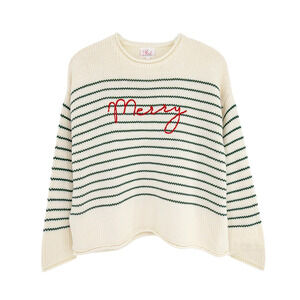 PINK PINEAPPLE Chloe Stripe Rollneck Merry Sweater in Ivory/Green XS